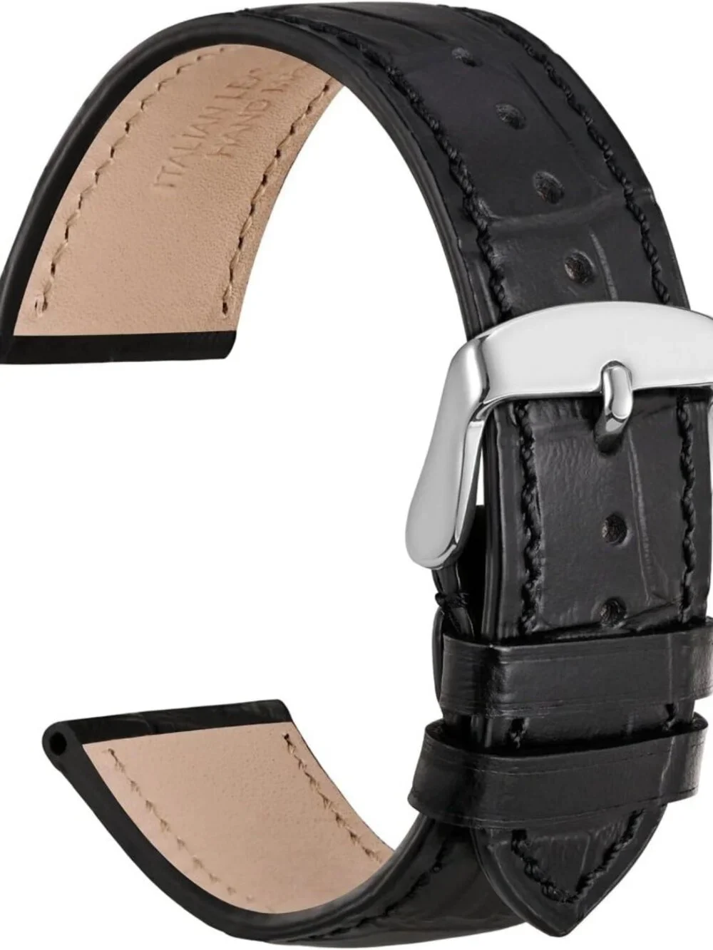 Italian Leather 20mm Watch Band, Embossed Alligator Grain, Silver Buckle, Black
